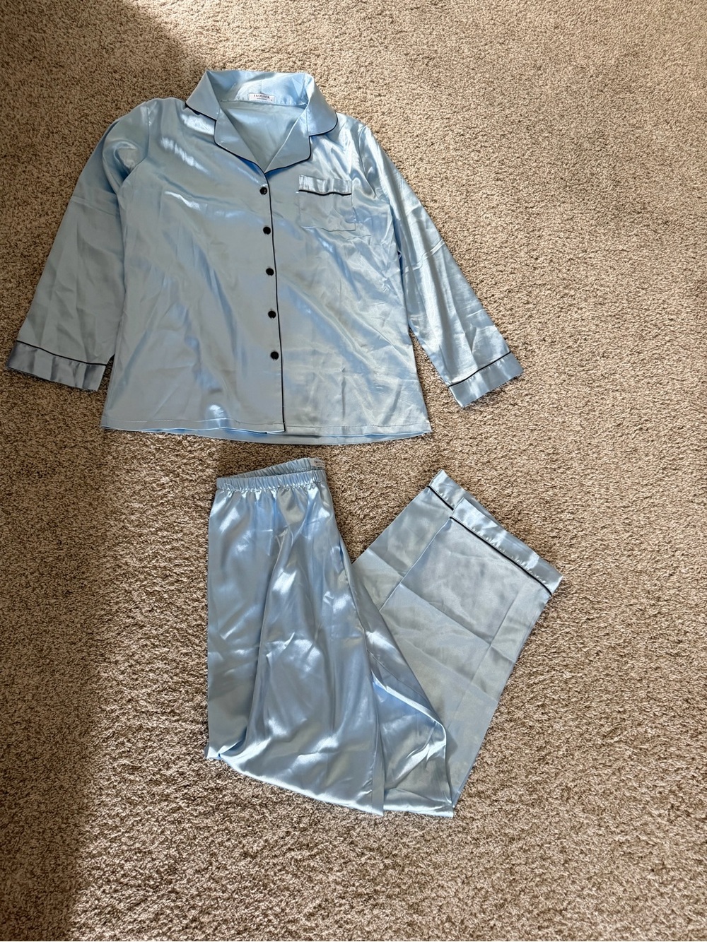 Light Blue Satin Pajama Set - Classic Button-Up